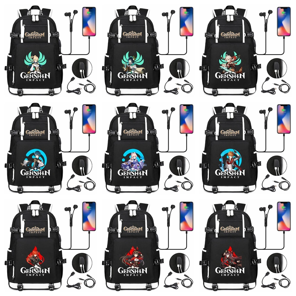 Game Genshin Impact Venti Backpack Rucksack Student School Book Bag Kids Teens Black Shoulder Laptop Bags