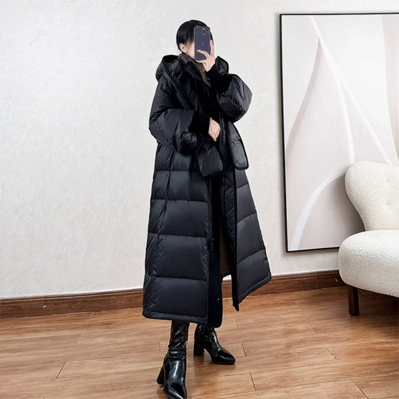 겨울 신상 우아한 스카프 칼라 다운 코트 여성 허리 벨트 디자인 감각 두꺼운 패션 따뜻한 울트라 롱 파카 재킷