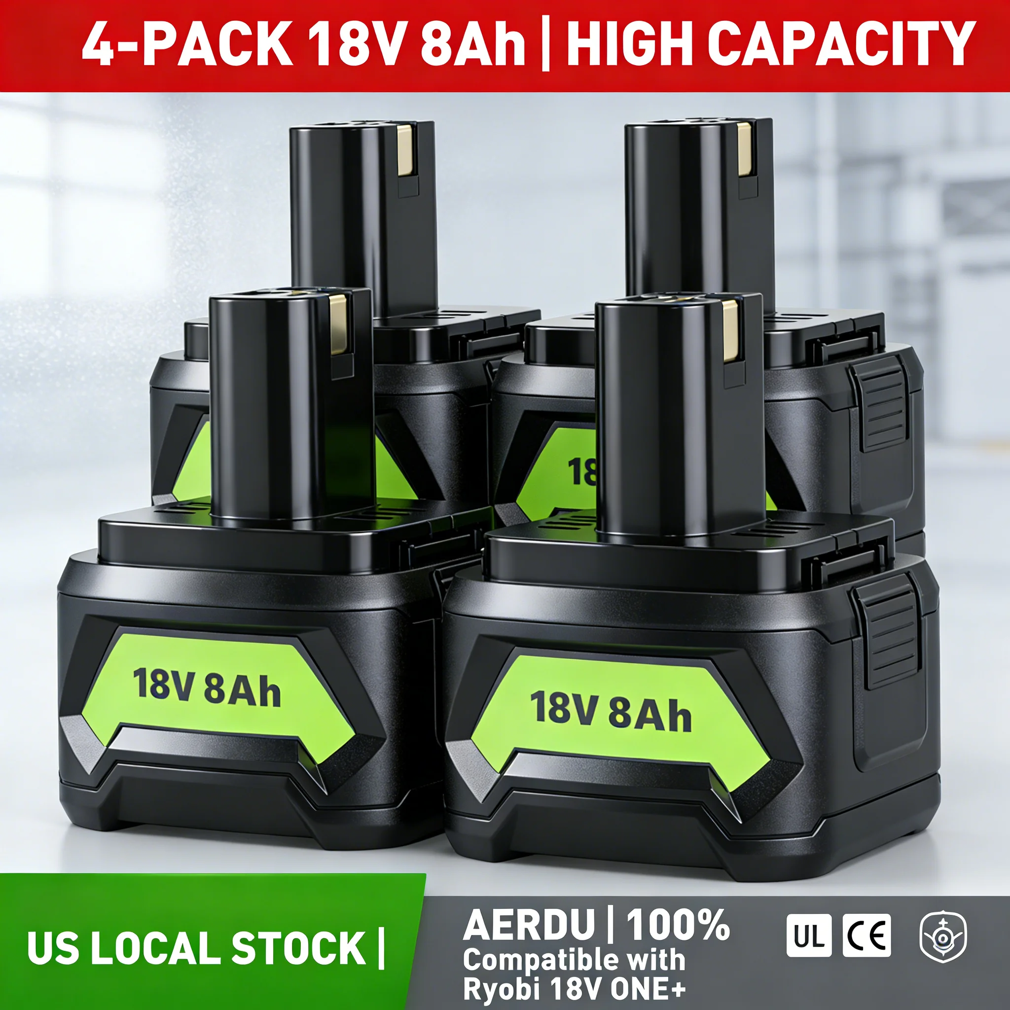 

Набор из 4 аккумуляторов 18В 8Ач для инструментов Ryobi - на 50% больше времени работы, чем у стандартных аккумуляторов, сертифицировано UL, энергия на весь день