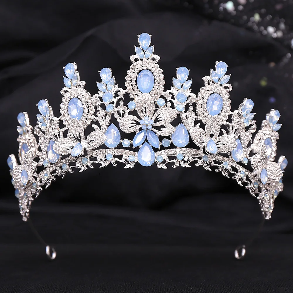 Luxury Pink Opal Royal Queen Wedding Crown Rhinestone Crystal Bridal Diadem Pageant Headdress Bride Tiara Hair Jewelry Accessory