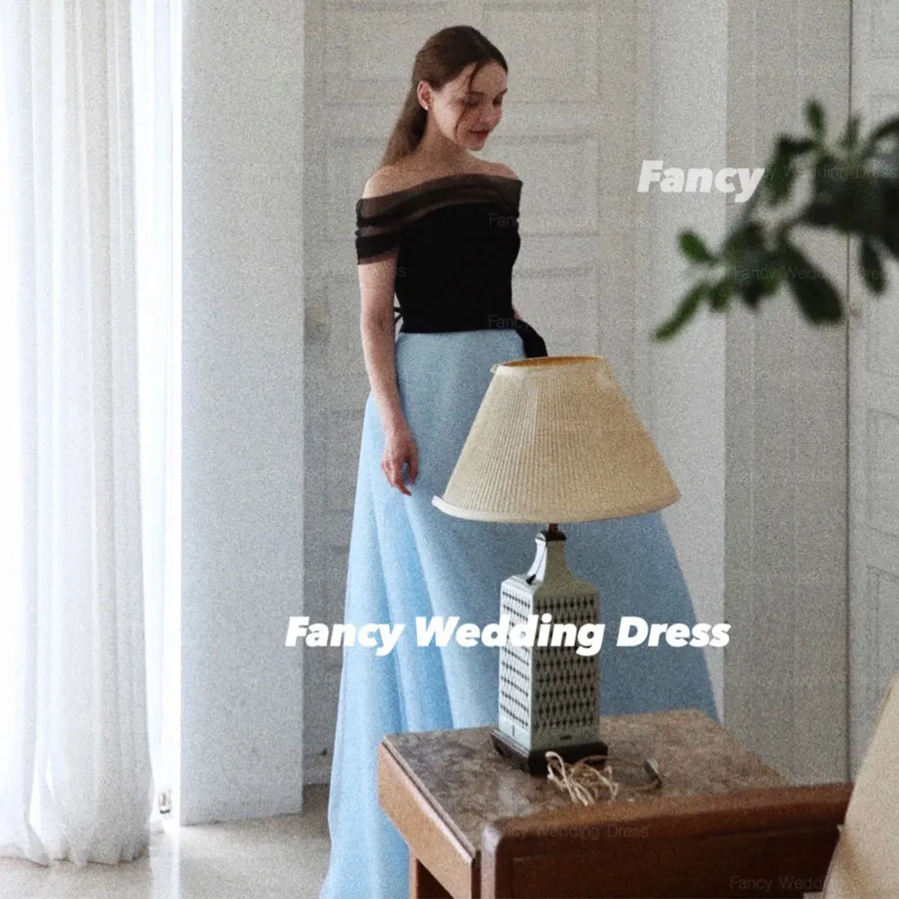 

Fancy Charming Blue Korea Evening Dress Strapless A Line Wedding Dress Floor Length Back Corset Birthday Dresses Customized