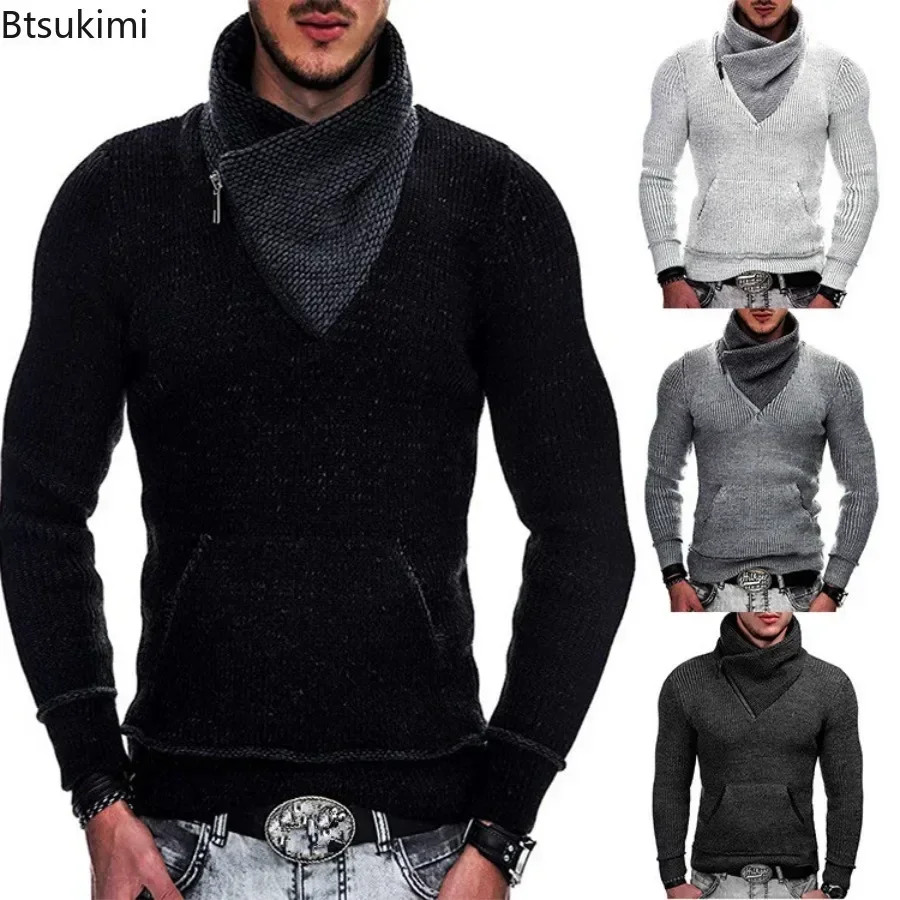 

2025 Men's Autumn Winter Turtleneck Sweater Casual Solid Long Sleeve Knitted Pullover Fashion Slim Pocket Sweater Men Streetwear