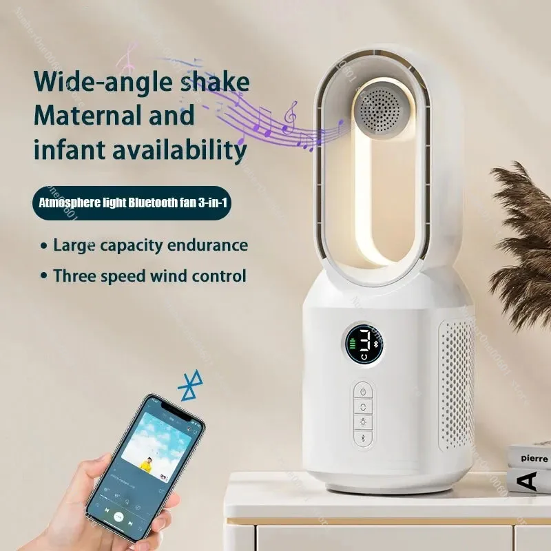 F8 3 in 1 Leafless Fan Safety Silent Small Cold Bluetooth Speaker Night Light Function Fan Summer Essential Cooling Fan