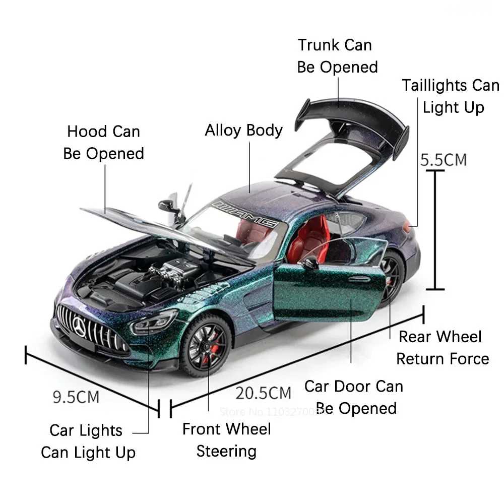 1:24 benz amg gt modelo de liga em miniatura brinquedos carro esportivo diecast 4 portas abertas luz de som puxar para trás crianças veículos de brinquedo presentes