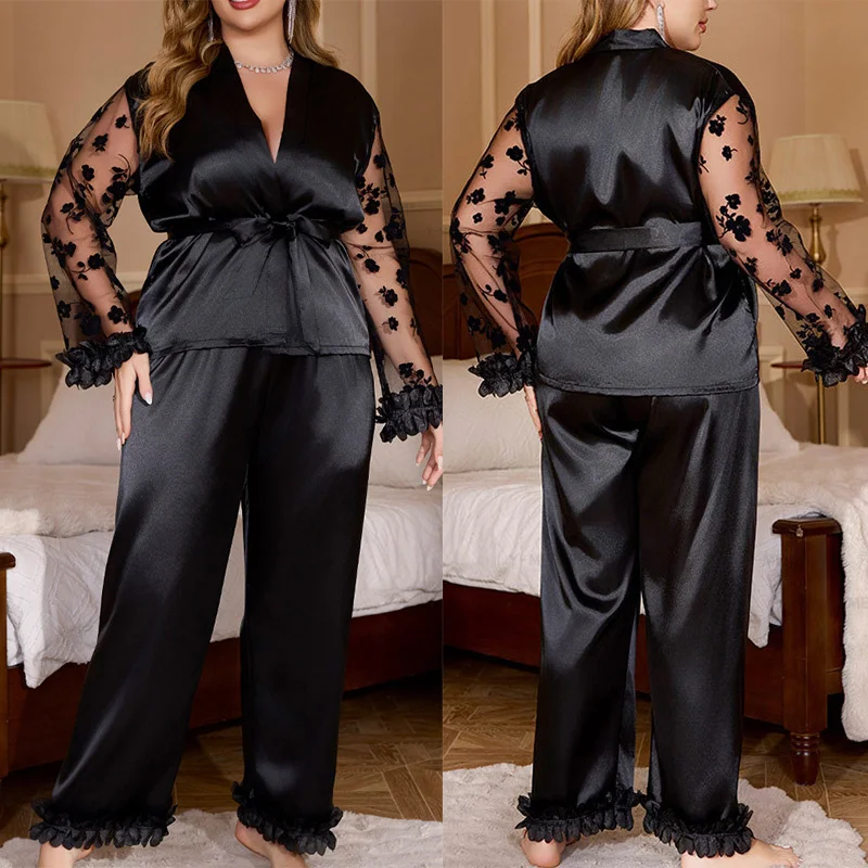 

Black Sheer Mesh Sleeve Pajamas Set Female Big Size 4Xl 5Xl Homewear Black Top&pants Sexy V-Neck Outfit Loungewear Nightwearn