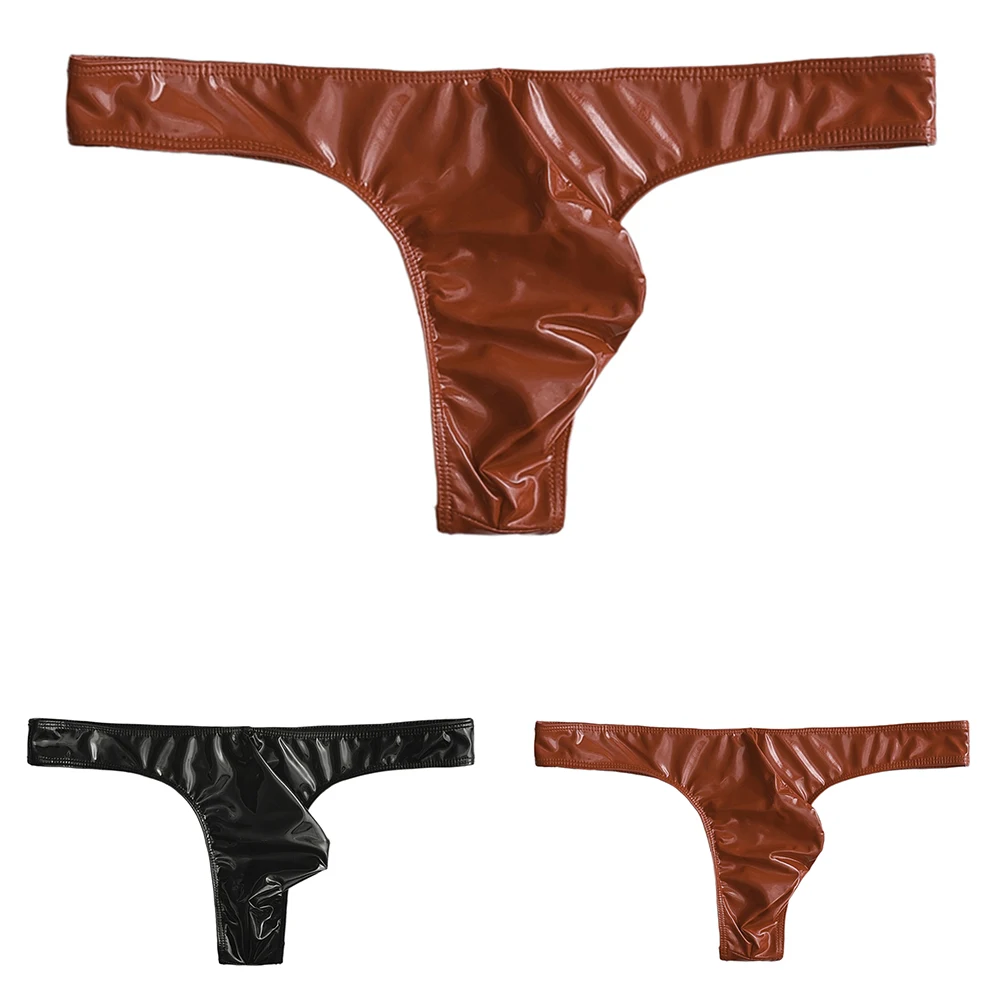 Glossy Imitation Leather G-string Underwear For Men Wide Belt Bulge Pouch Thong Low Waist Sexy Underpants Red Black M-3XL