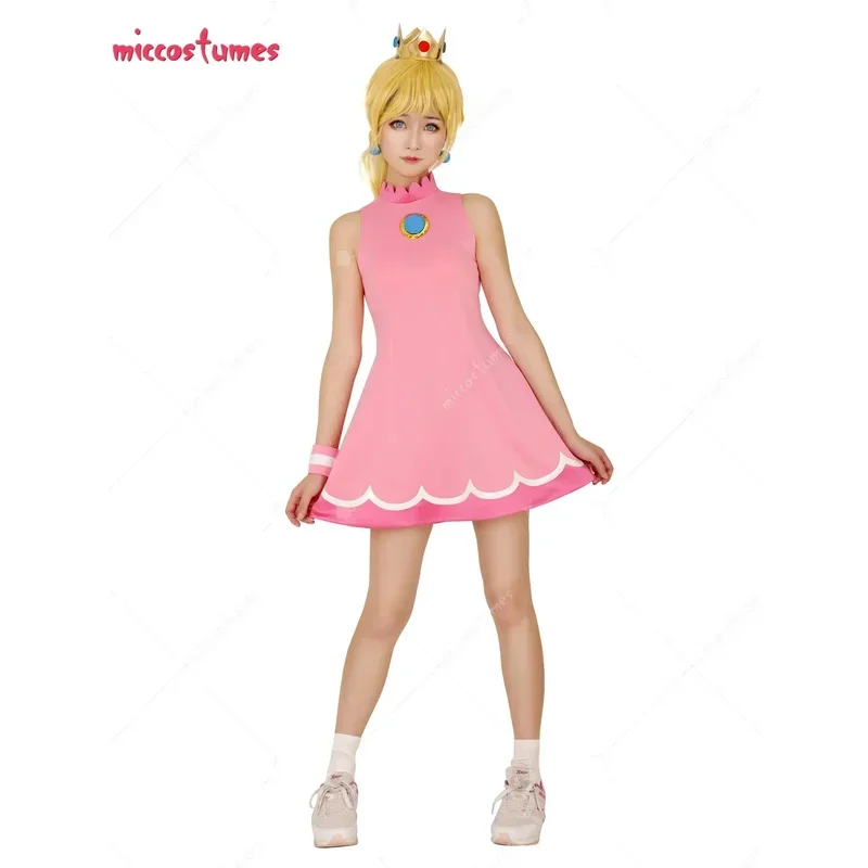 Miccostumes Women's Peach Dress Cosplay Costume with Crown for Women Princess Cosplay Costume