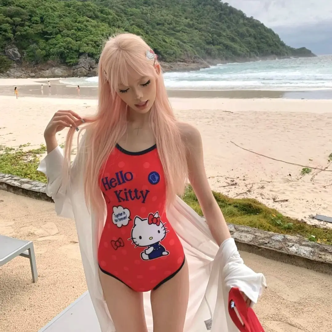 Sanrio Hello Kitty Sexy Swimwear Cartoon Anime High Cut Bodysuit Backless Swimsuit Kawaii Y2k Slim High Waist Swim Wear For Part