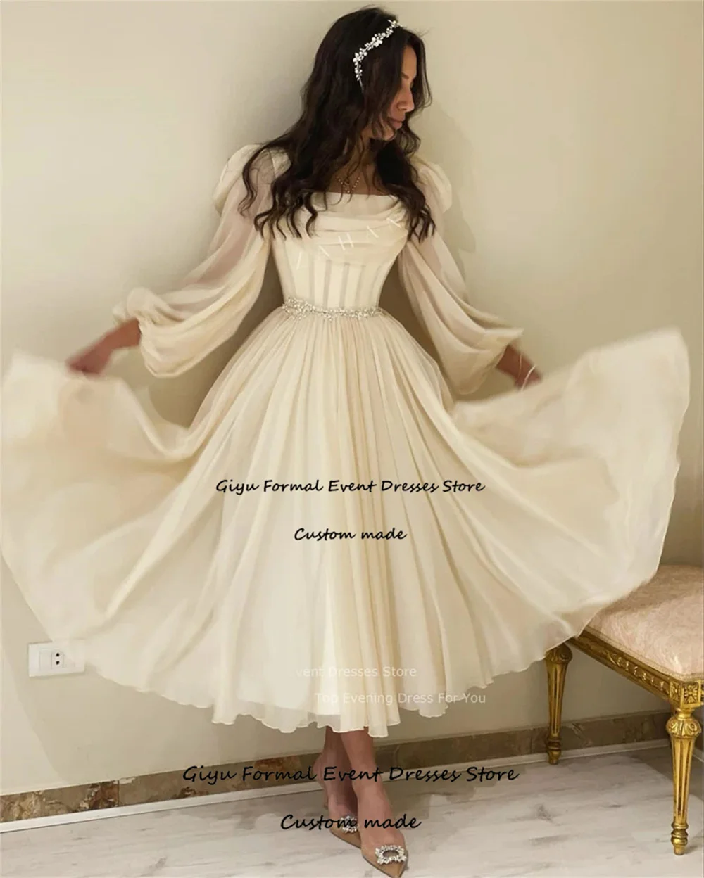 Giyu Chiffon Long Sleeves Prom Dresses Pleats Crystal Beaded Prom Gowns Formal Party Elegant Gowns Dubai Evening Dress Women