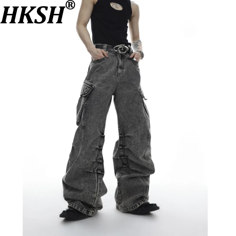 

HKSH весна осень новые мужские нишевые плиссированные потертые расклешенные джинсы с карманами дизайн повседневные широкие джинсовые брюки в стиле сафари HK10243