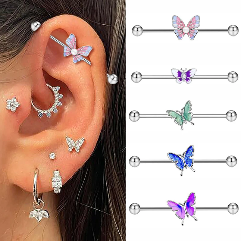 1pc Butterfly Earring 316L Stainless Steel Industrial Barbell Piercing Long Ear Stud Fashion Body Jewelry For Women Gifts