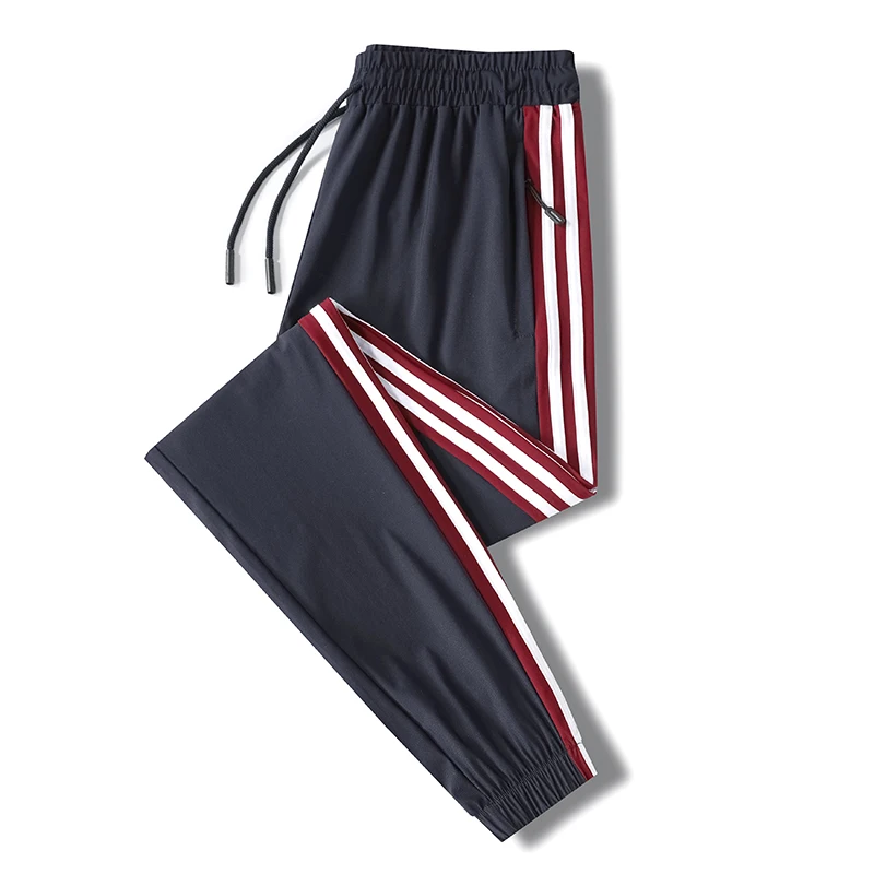 

Men's Clothing Spring Autumn Elastic High Waisted Solid Color Striped Pockets Casual Bloomers Trousers Boyfriend Sporty Pants