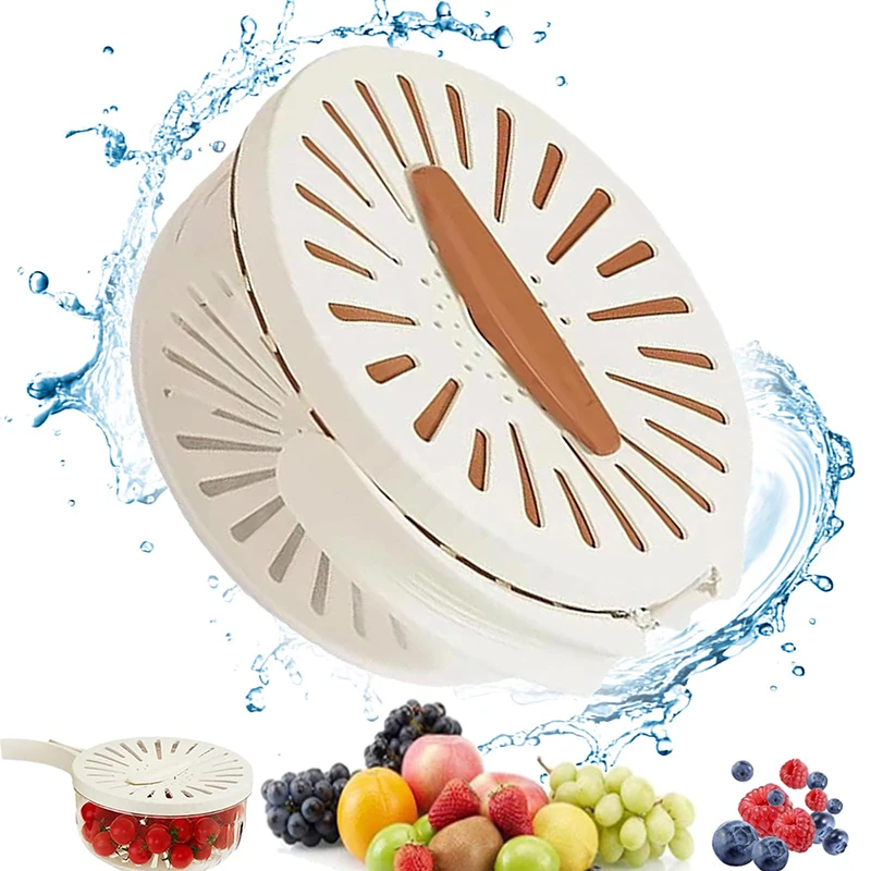 2 In 1 Fruit Drain Basket With Lid Foldable Handle Colander Vegetable Drainer Crisper Portable Fridge Food Storage Container