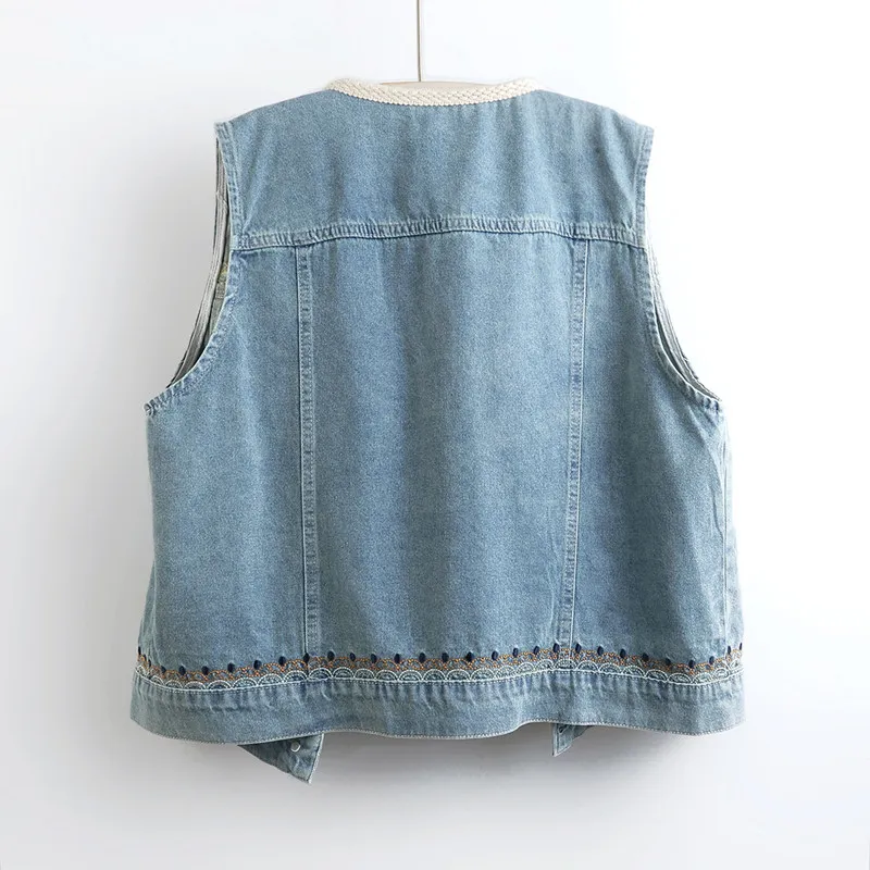 Blue Apricot Slim Short Denim Vest Spring New Fashion Embroidery Round Neck Single-Breasted Sleeveless Female Jeans Waistcoat
