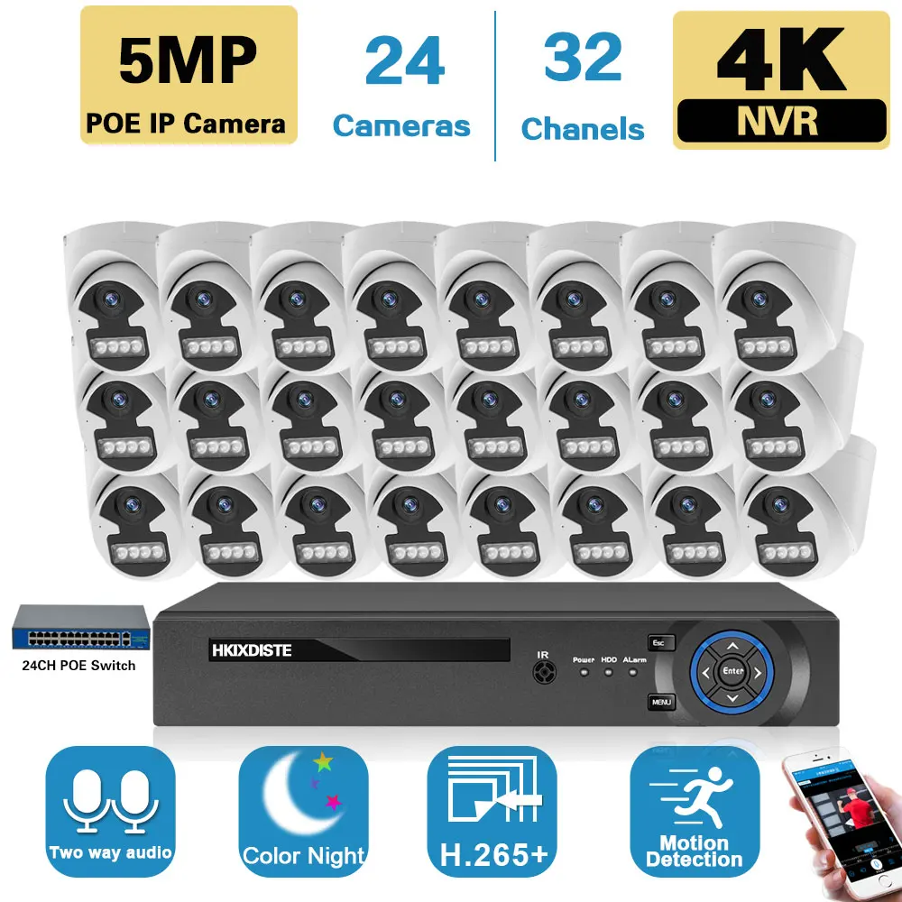 CCTV Security Camera System Kit 32 Channel 4K POE NVR System 5MP Color Night Vision Home Dome Camera Video Surveillance Kit 32CH