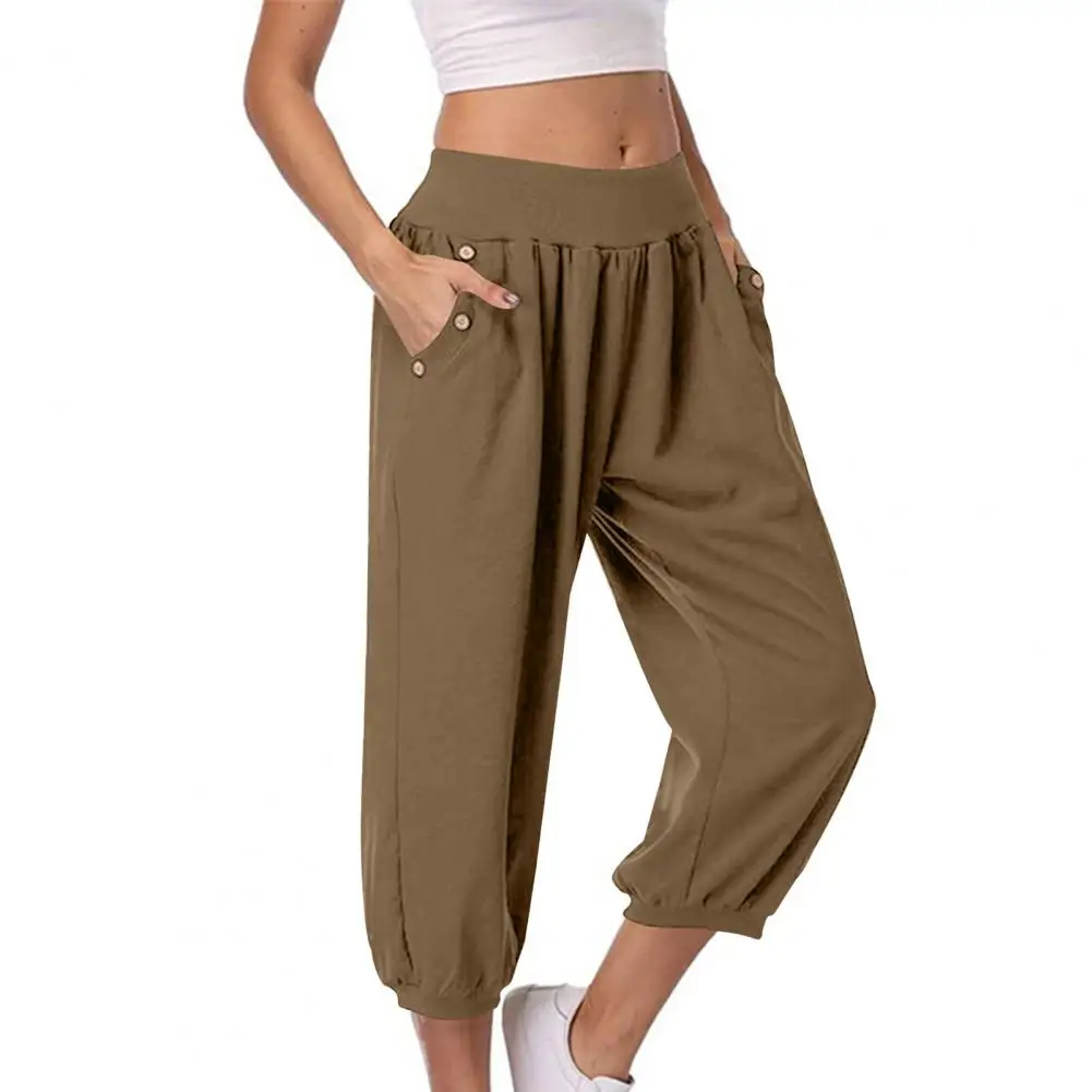 

Elastic Waist Pants Stylish Women's Harem Pants with Elastic High Waist Button Decor Pockets Loose Fit Design Trendy for Casual