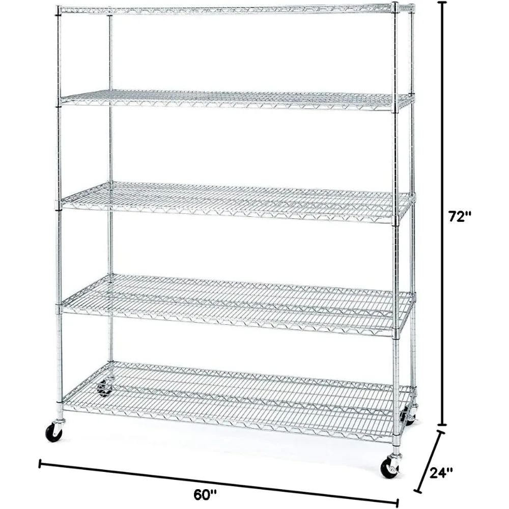 Rak MEGA komersial dengan roda, rak kawat baja bersertifikasi NSF 5 tingkat dengan roda, 60 "W x 24" D x 72 "H