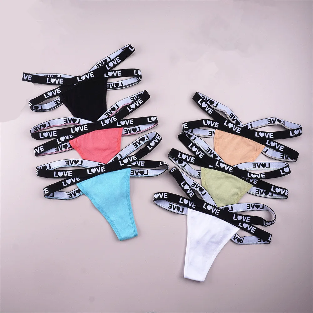 6pcs Cross Double Strap Cotton Thong Panties Women Hot Letter Waistband Underwear Ladies Low Waist Solid Breathable G-string