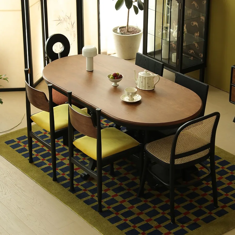 

Medieval small apartment solid wood dining table Small apartment dining table rectangular oval Nanyang tonality retro light