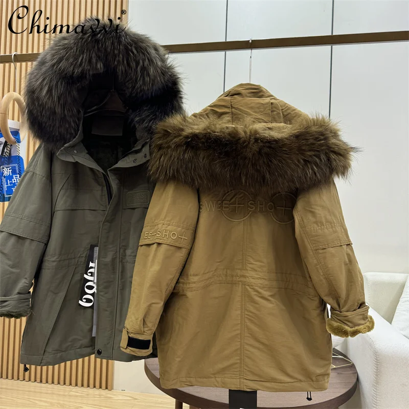 Oversized Raccoon Fur Collar Thickened Embroidery Sticker Real Fur Collar Jacket Fashion Warm Mid-length Women's Winter Coat