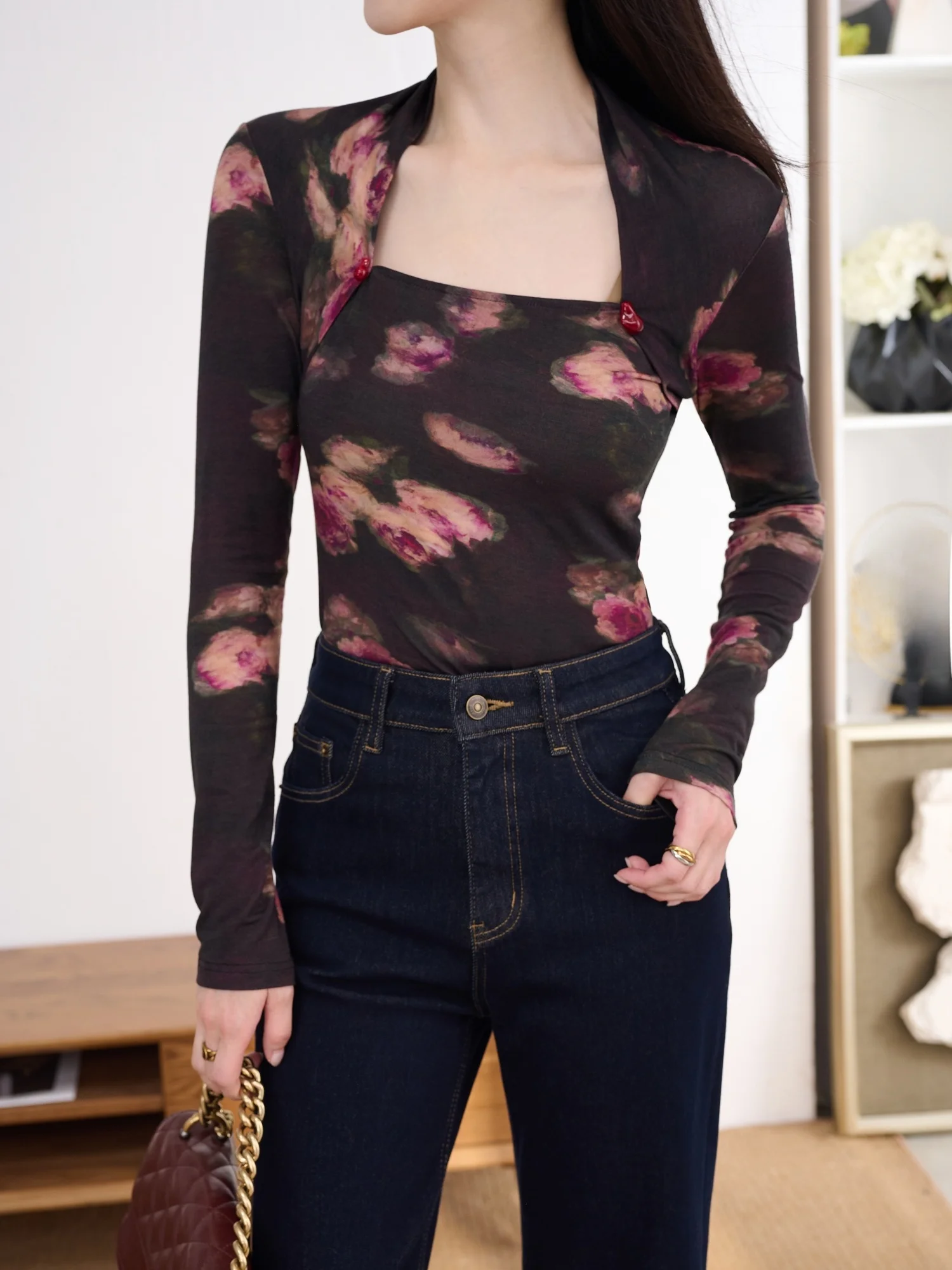 

Ele Lady JPOO Vintage oulder Hanging Square Collar Slim Fit Wool Print Long Sve Women's Commute Sle T-irt