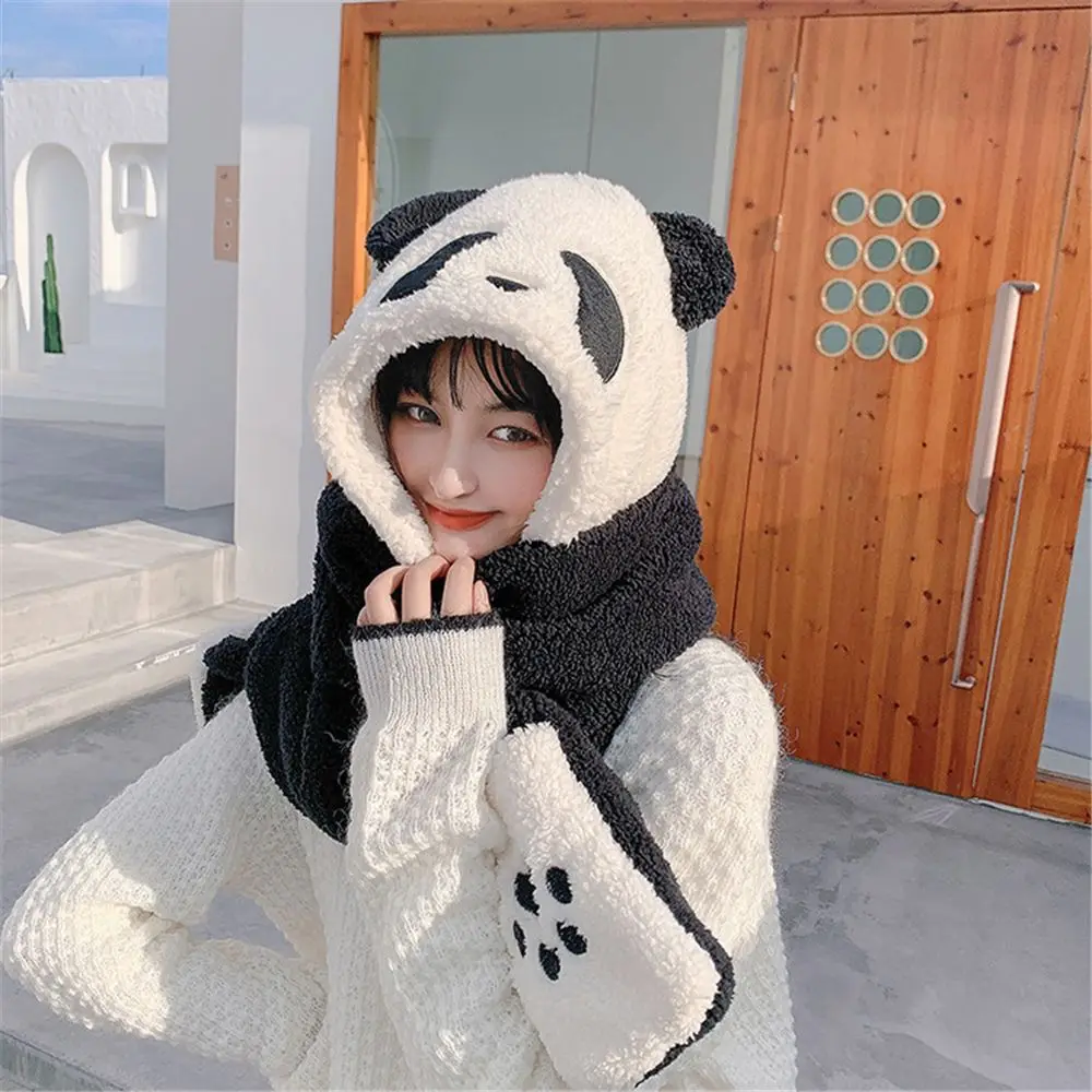 Fashion Panda Beanies Caps Winter Warm Hat Casual Plush Hat Scarf Gloves Set Casual Faux Fur Women Caps