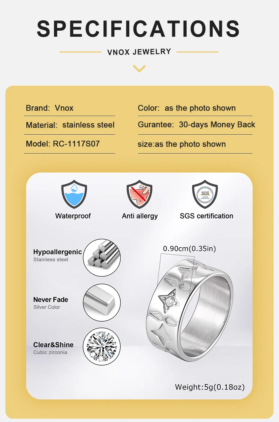 Vnox Edelstahl Herrenring, breiter Ring mit eingelegtem weißem Zirkon in Form eines vierzackigen Sterns, silberfarbener Fingerschmuck, Geschenkgröße 7-12 – Detail 5
