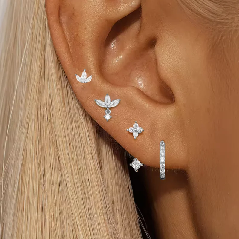 4PCS Zirkon Herz Mond Blume Kleine Hoop Ohrringe Set Für Frauen Edelstahl Huggies Anhänger Piercing Ohrringe Schmuck Aretes