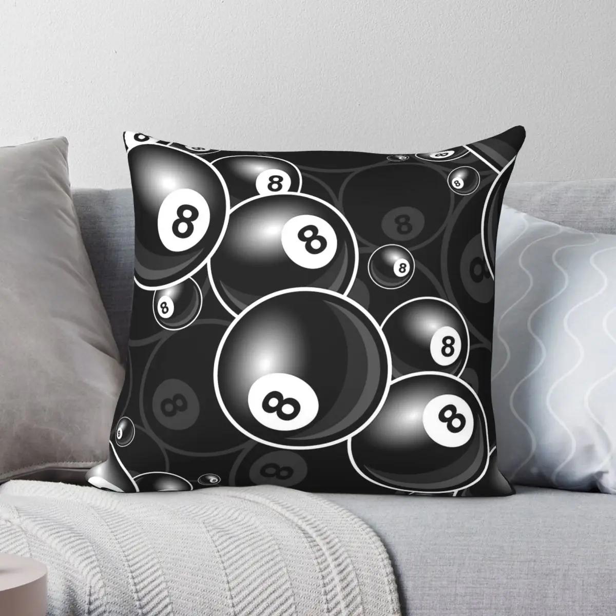 Billiards Black 8 Ball Square Pillowcase Polyester Linen Velvet Creative Zip Decorative Car Cushion Cover