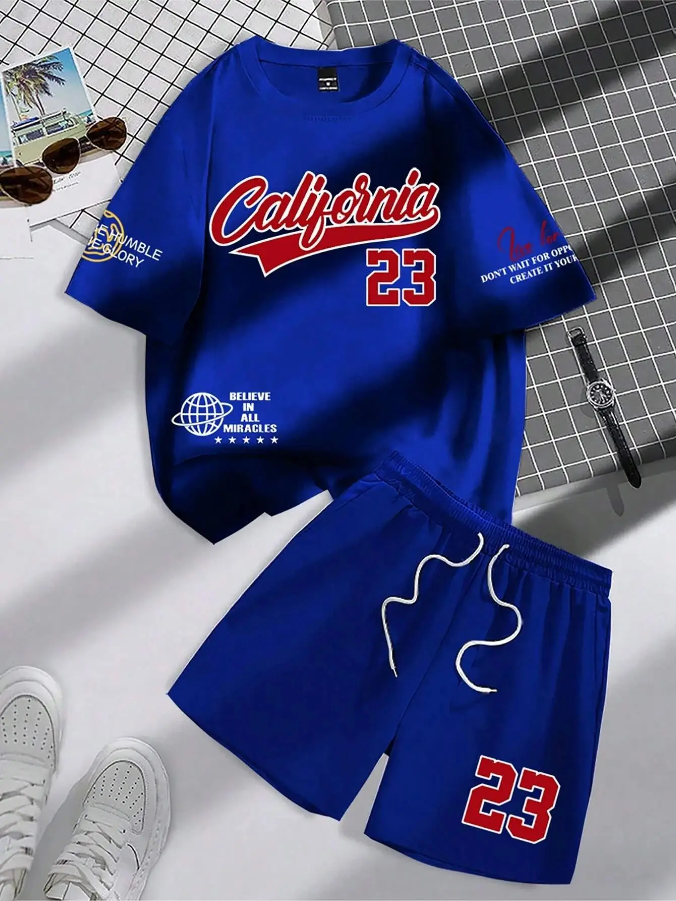 2025 summer new trend men's suit round neck short sleeve set fashion personalized alphanumeric print round neck T-shirt and shor image 4