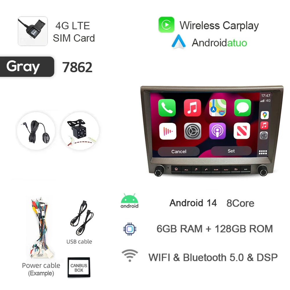 Grijs 720P Auto Android 14 Voor Porsche Cayman 911 987 Boxster 997 CarPlay Autoradio GPS Multimedia navigatie 4GB Bluetooth Wifi