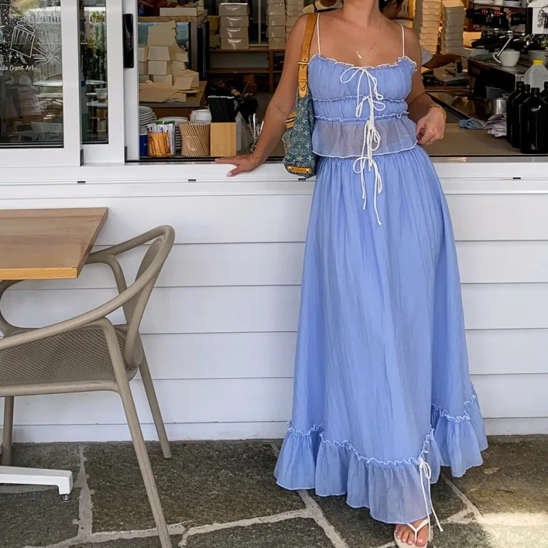 

Women Elegant French Skirt Outfits Sexy Off Shoulder Tie-up Sling Top & Long Skirt Suit Casual Sleeveless Pleated Solid 2Pc Sets