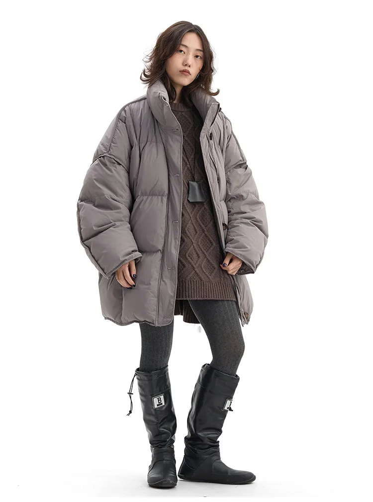 Women's Mid-Length Oversized down Jacket with Stand Collar, Warm Oversized Jacket Filled with White Duck Down, New Winter 2025 Model