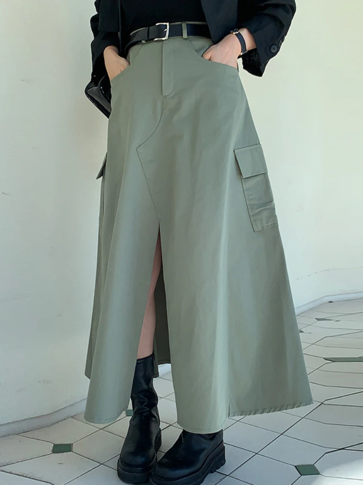 Streetwear Fashion Cargo Skirt High Waist Forked Solid Color Pockets Patchwor Long Skirt All Match Casual Loose Women's Clothing