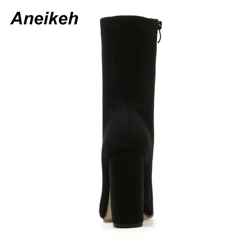 Aneikeh Black Faux Suede Square Heels Mid-Calf Women Pumps Boots Spring Fashion Pointed Toe ZIP Sexy Solid Party Size 35-42