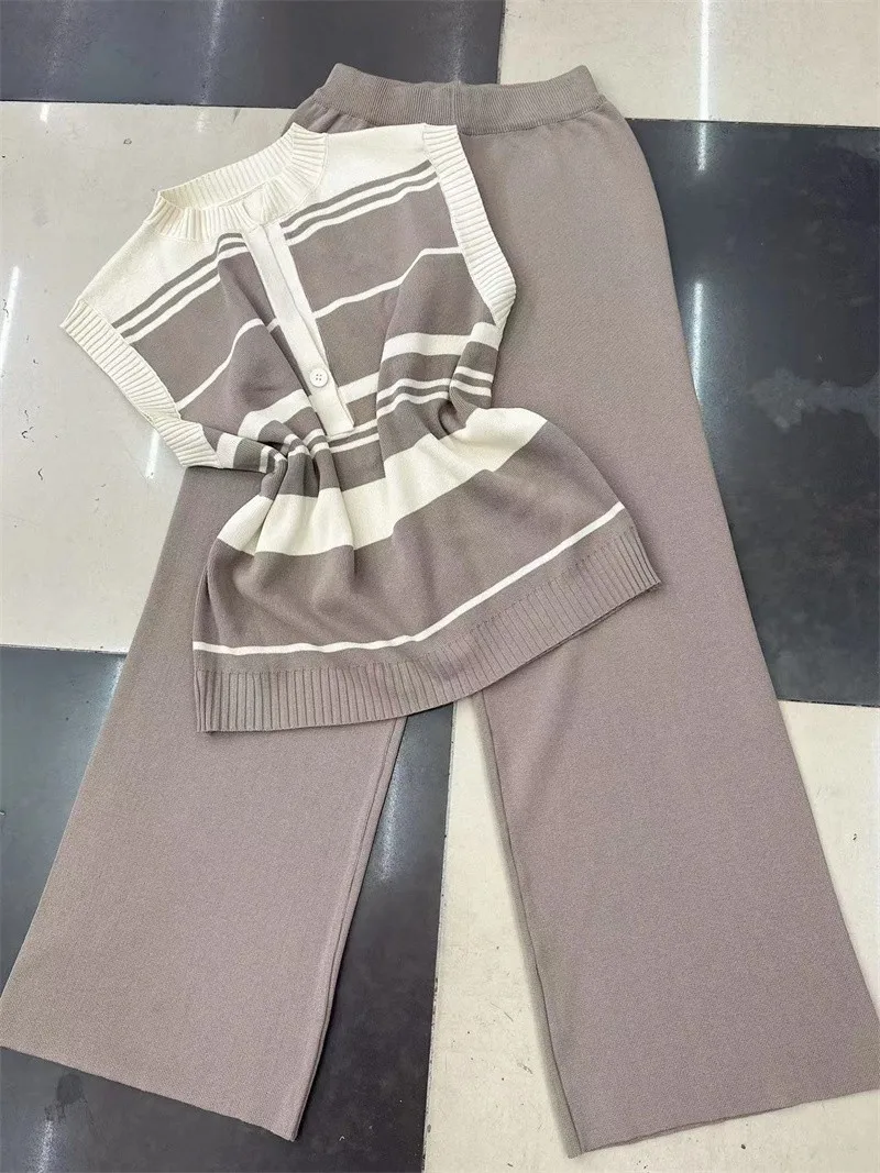 Conjunto de 2 piezas de punto para mujer, chaleco sin mangas y pantalones de pierna ancha, traje informal a juego, estilo Vintage y elegante, moda de verano