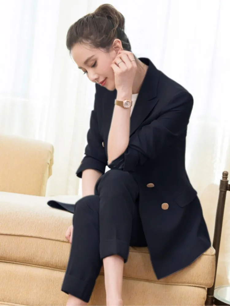 Women‘s Fashion Elegant Blazer Pantssuit Long Sleeved Casual Jacket and Pants Two Pieces Set Female Business Workwear Trousers S