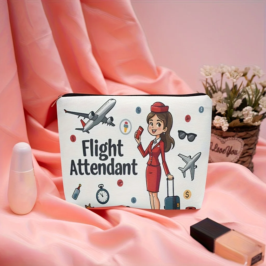 Stewardess Makeup Bag Double-Sided Airplane Flight-Themed Design Lightweight Zippered Cosmetic Toiletry Travel Bag Makeup Bags