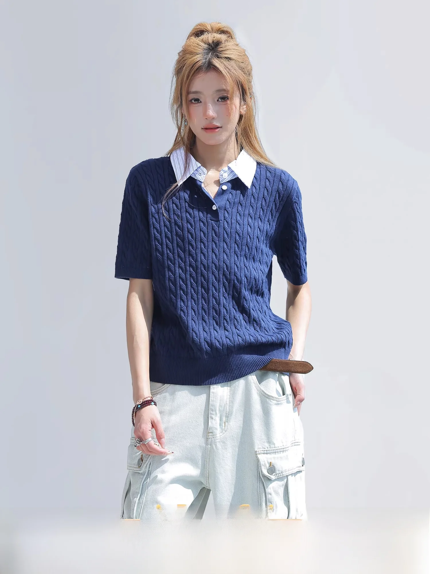 

Женский топ в стиле Slim Fit с коротким рукавом, вязаный, с полосками Chant2nd и декоративными вставками, из хлопка, летний, повседневный, вдохновленный модным дизайном