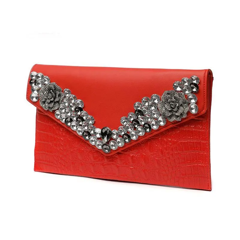 New Product Cowhide Handbag Red Black Envelope Bag Women\'s Banquet Dress Bag Inlaid with Diamond Shiny Handbag Matching Chain