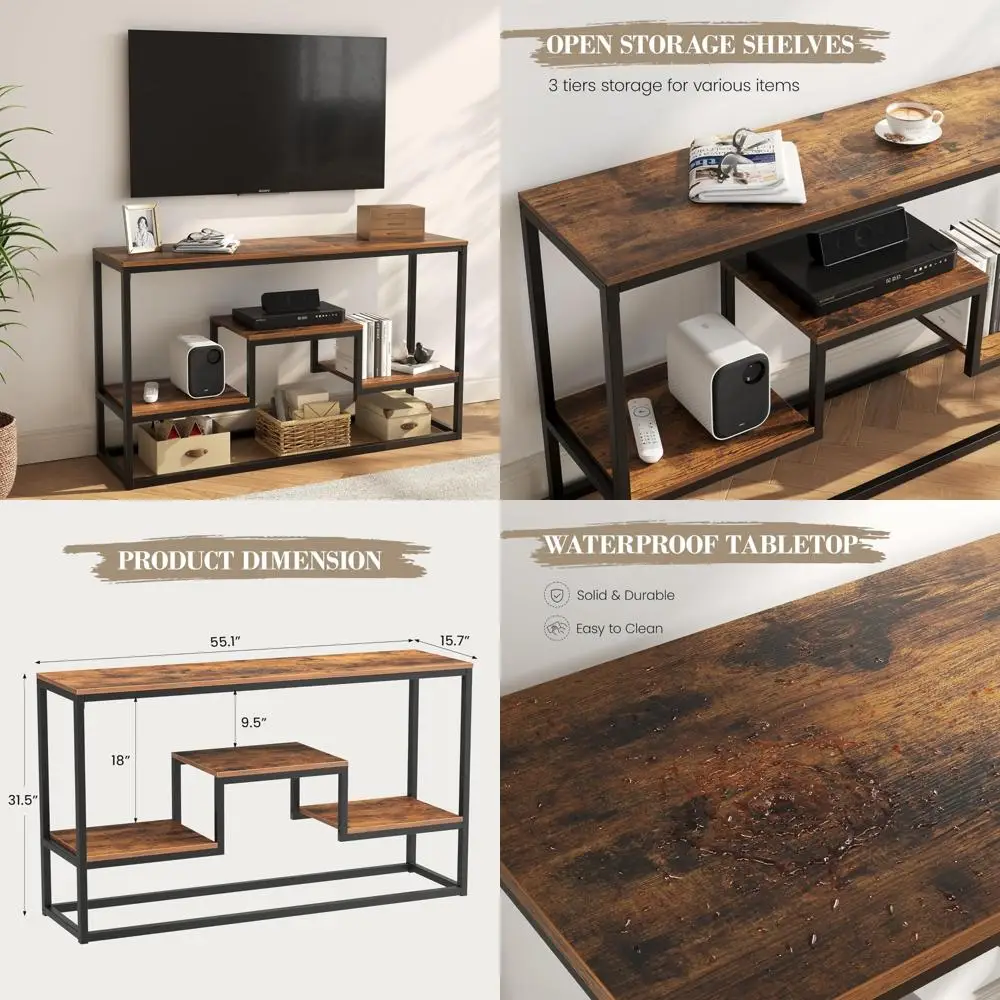 حامل تلفزيون لأجهزة التلفاز حتى 65 بوصة، طاولة وحدة تحكم تلفزيون مع أرفف تخزين مفتوحة من 3 طبقات، مركز ترفيه صناعي حديث لـ Li