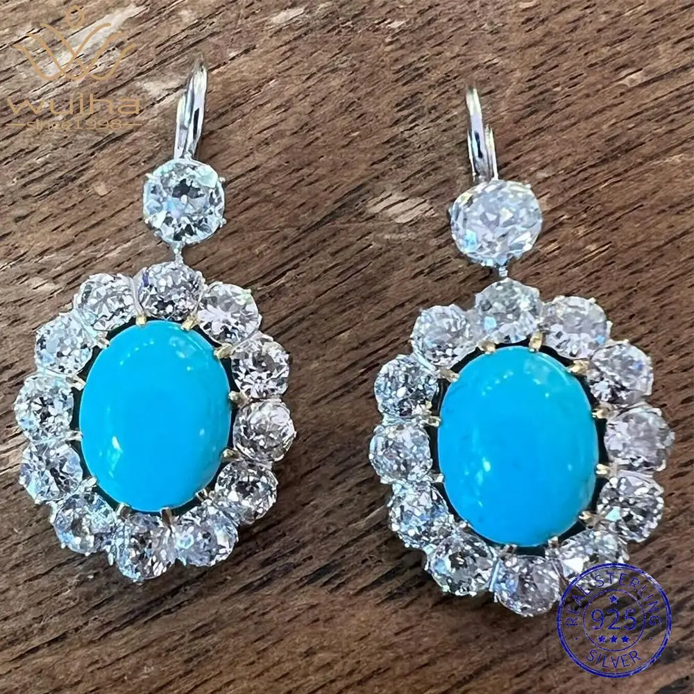 

WUIHA 925 Sterling Silver Oval Turquoise Lab Sapphire Gemstones Drop Dangle Earrings Anniversary Gift Fine Jewelry Drop Shipping