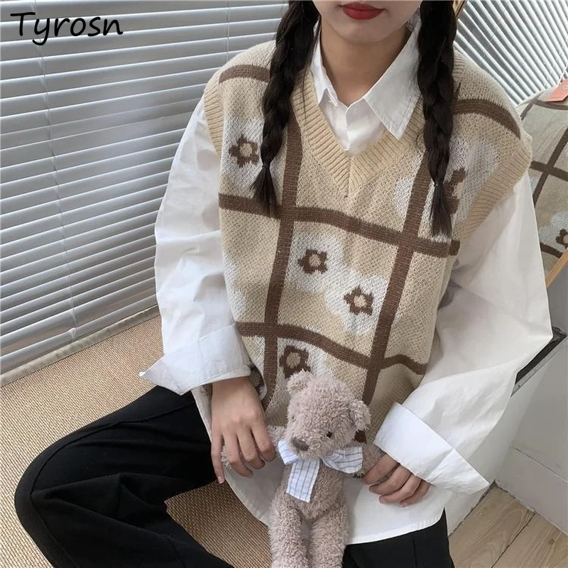 

Floral Pattern Knitted Sweater Vests Sleeveless Kawaii Loose Students All Match Spring Autumn Vintage Ulzzang Leisure Street New