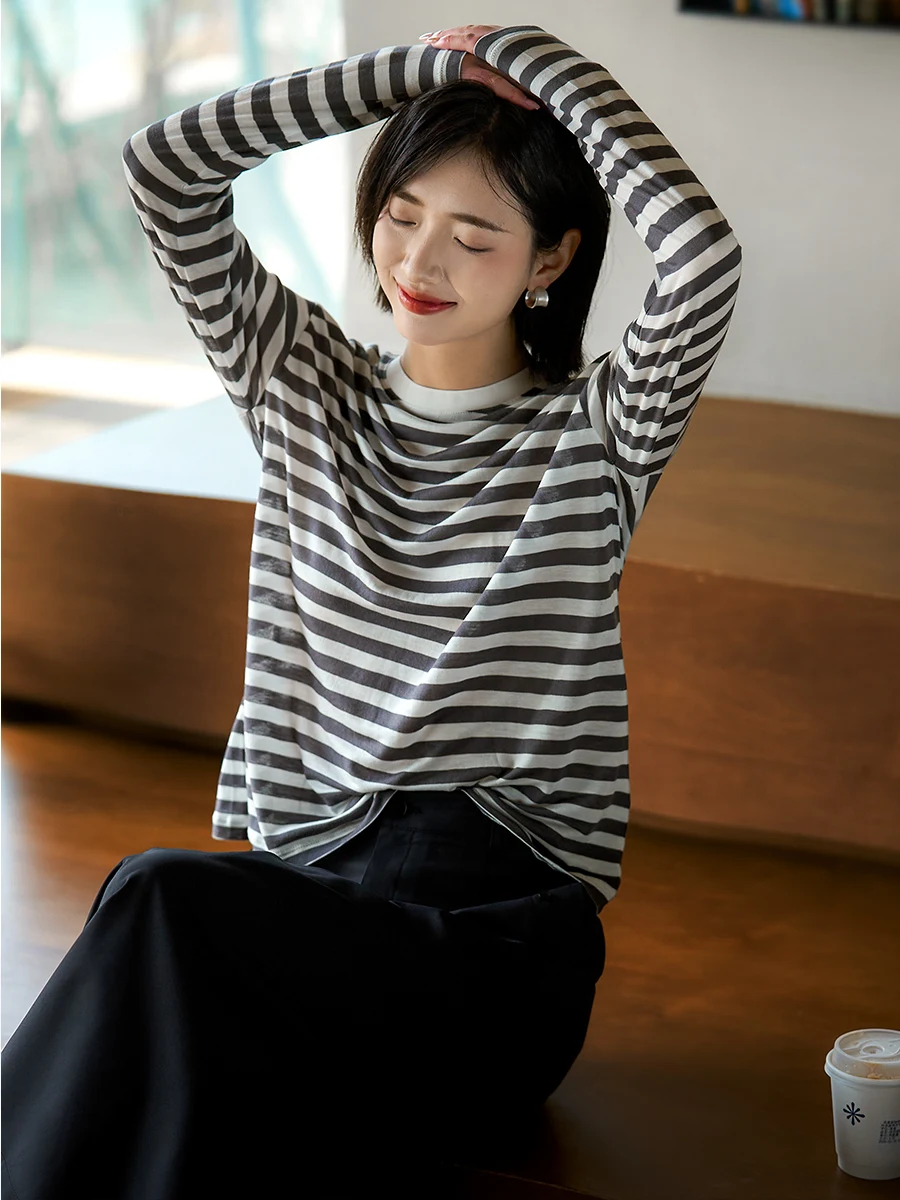 

Женская свободная футболка Xhange Весна 2025 с длинным рукавом, круглым вырезом, в полоску, из волокна Lenzing, для офиса и повседневной носки