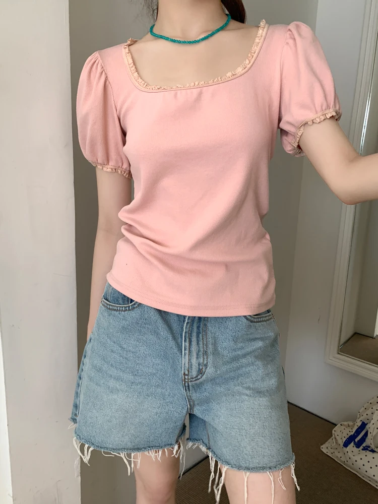 10Colors Summer 2024 Korean style French Floral neck Short Sleeve T-Shirts Women Slim puff Sleeve Tops Femme (X3402