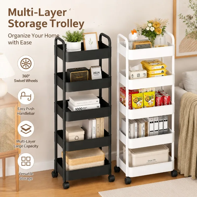 5-Tier Rolling Storage Cart Organizer Rack with Handle Wheels Multi-Layer Utility Trolley for Kitchen Bathroom Snack Bedroom