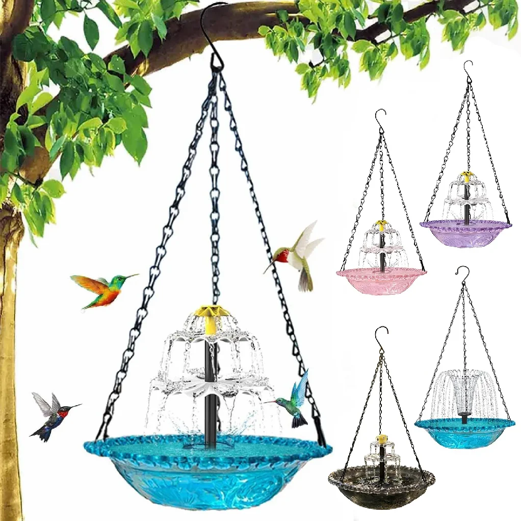 Hanging Bird Bath with Fountain Bird Feeder Outdoor Drinking Tray with Hook Garden Water Bowl