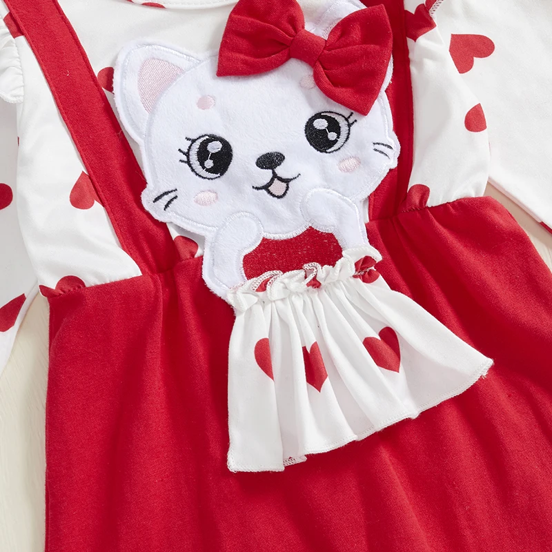 Infantil da criança meninas roupas do bebê meninas macacão dia dos namorados coração impressão dos desenhos animados gato manga longa macacões com bandana