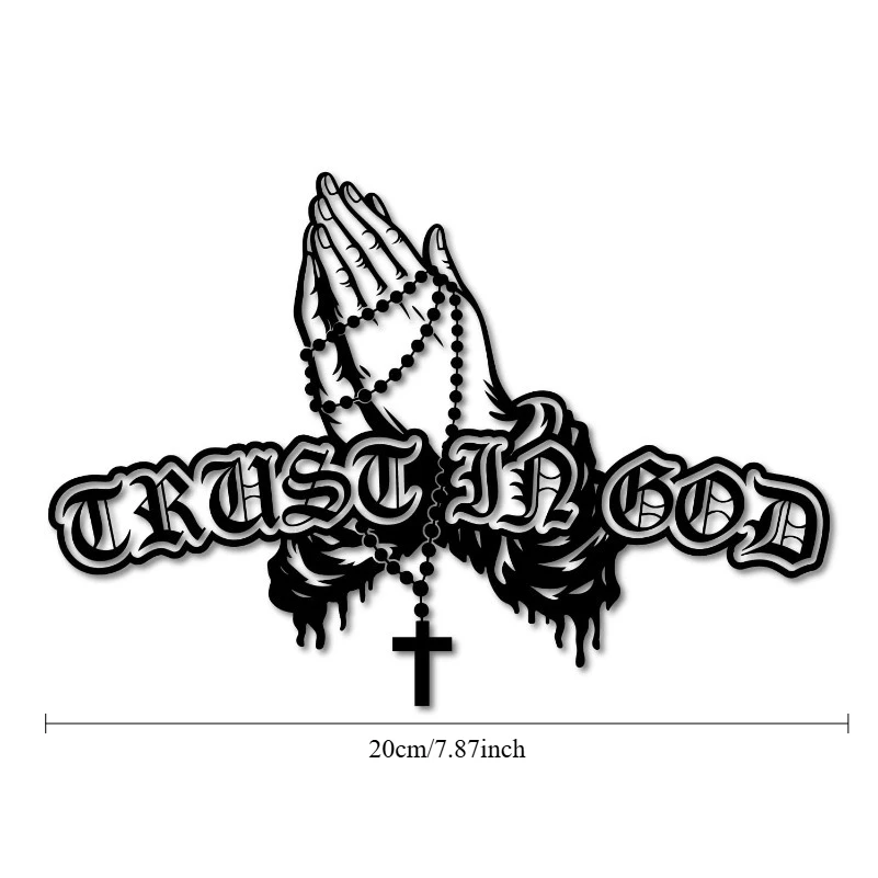 Trust In God Praying Hands Rosary Cross Cut Car Sticker, Gothic Font UV Vinyl Decal, Weather & Waterproof, Multiple