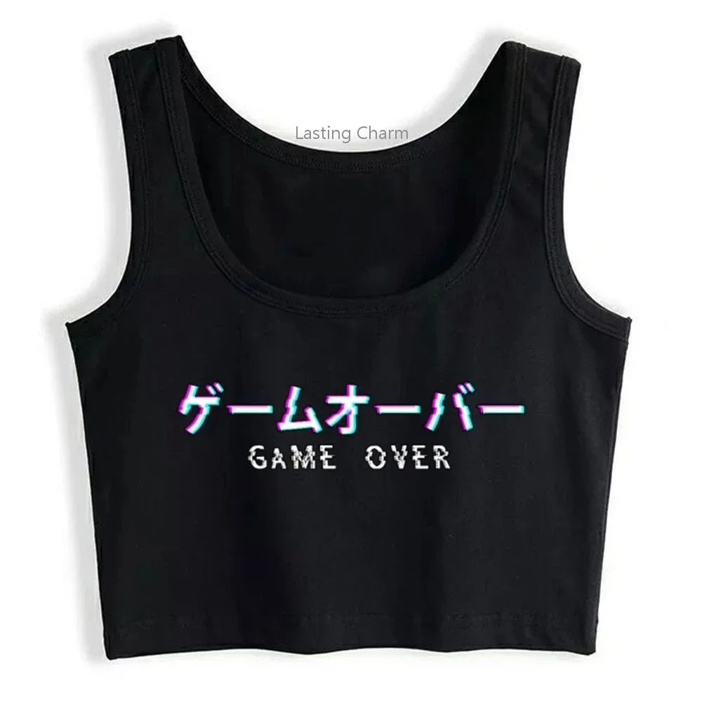 Weman's Crop Top with Vaporwave Aesthetic Japanese Text Inscription